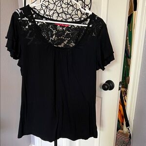 Elle Black Lace Yoke back Short Flutter Sleeve Top